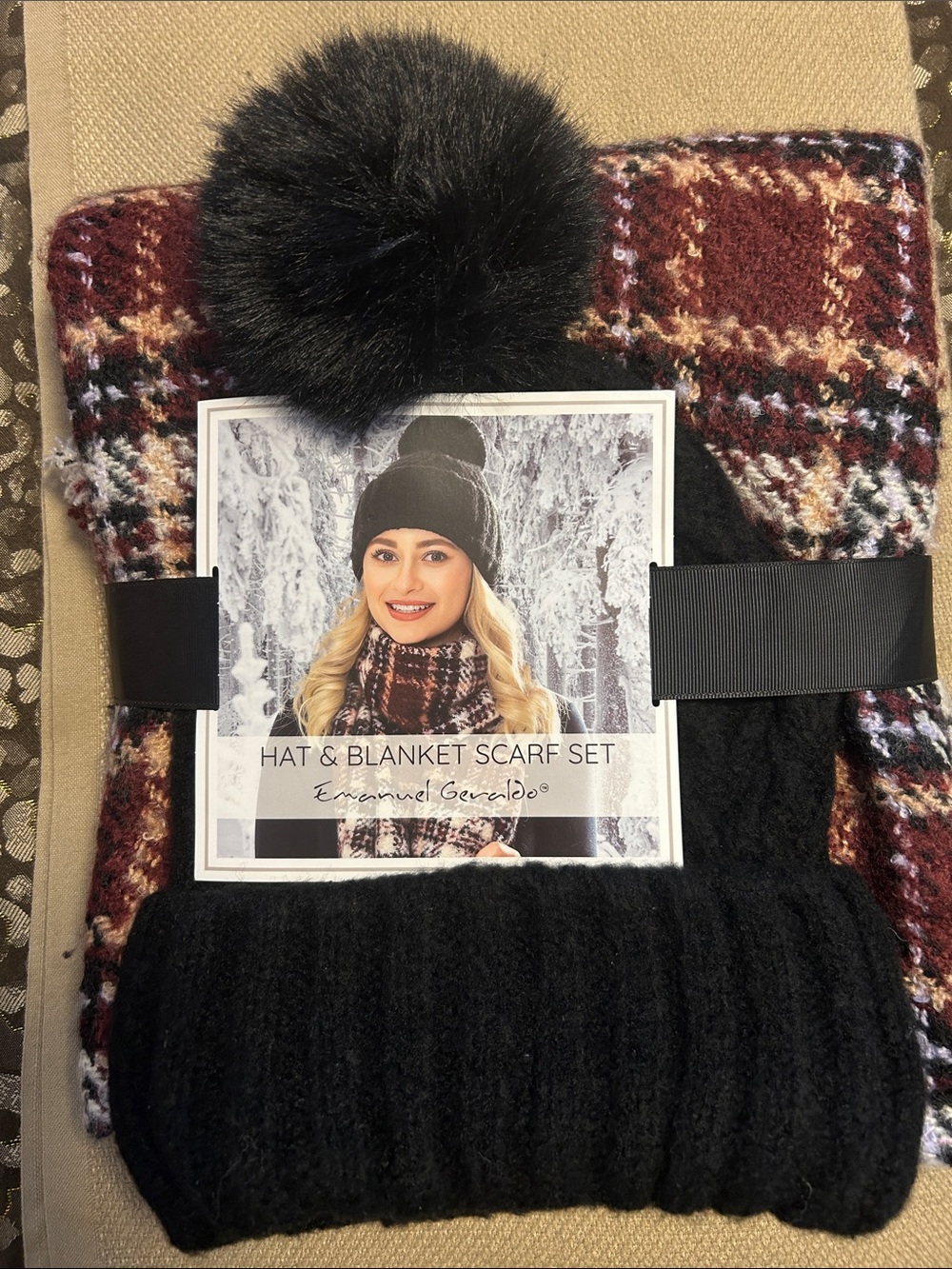 Emanuel Geraldo Hat & Blanket Scarf Set - Black, Burgundy, Cream